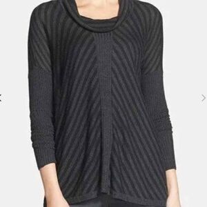 Eileen Fisher Cowl Scrunch Neck Striped Relaxed Fit Knit Sweater Black/ Gray